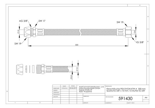 ASW Flex-Trinkwasserschlauch 300 mm, 3/8"x10mm Quetschverschraubung, 3/8" IG Überwurfmutter