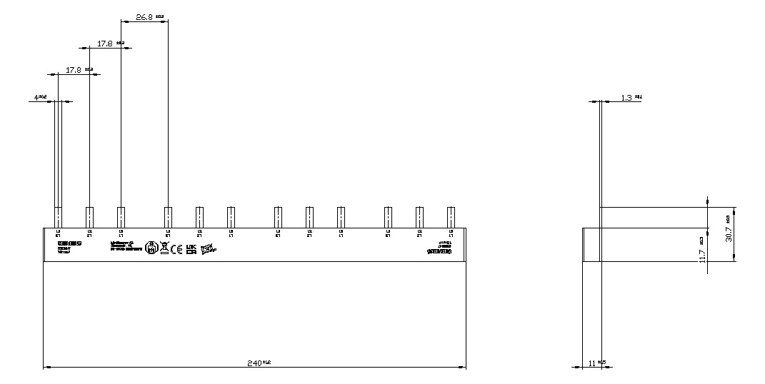 Phasenschiene 3ph 18mm 237mm 16qmm 80A Stift Isoliert