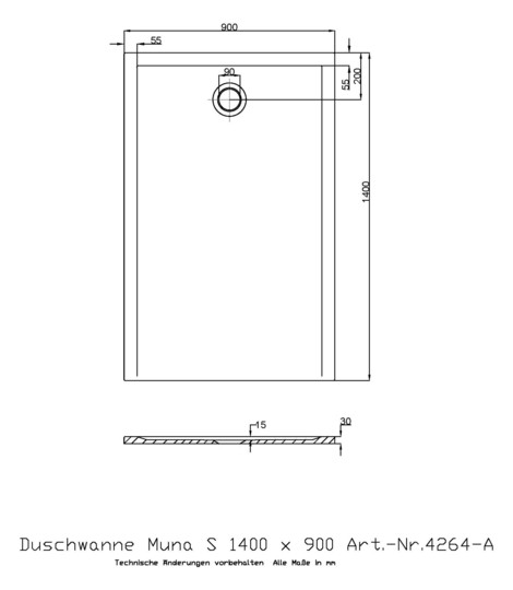 Hoesch Mineralguss-Duschwanne Muna S 140 x 90 x 3 cm, weiß, ohne Antirutsch