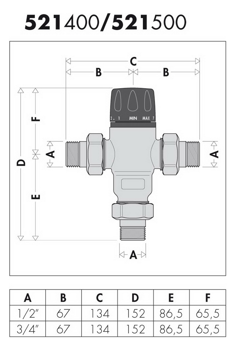 Caleffi Thermomischer 521 3/4", 30-65 °C, verchromt, einstellbar