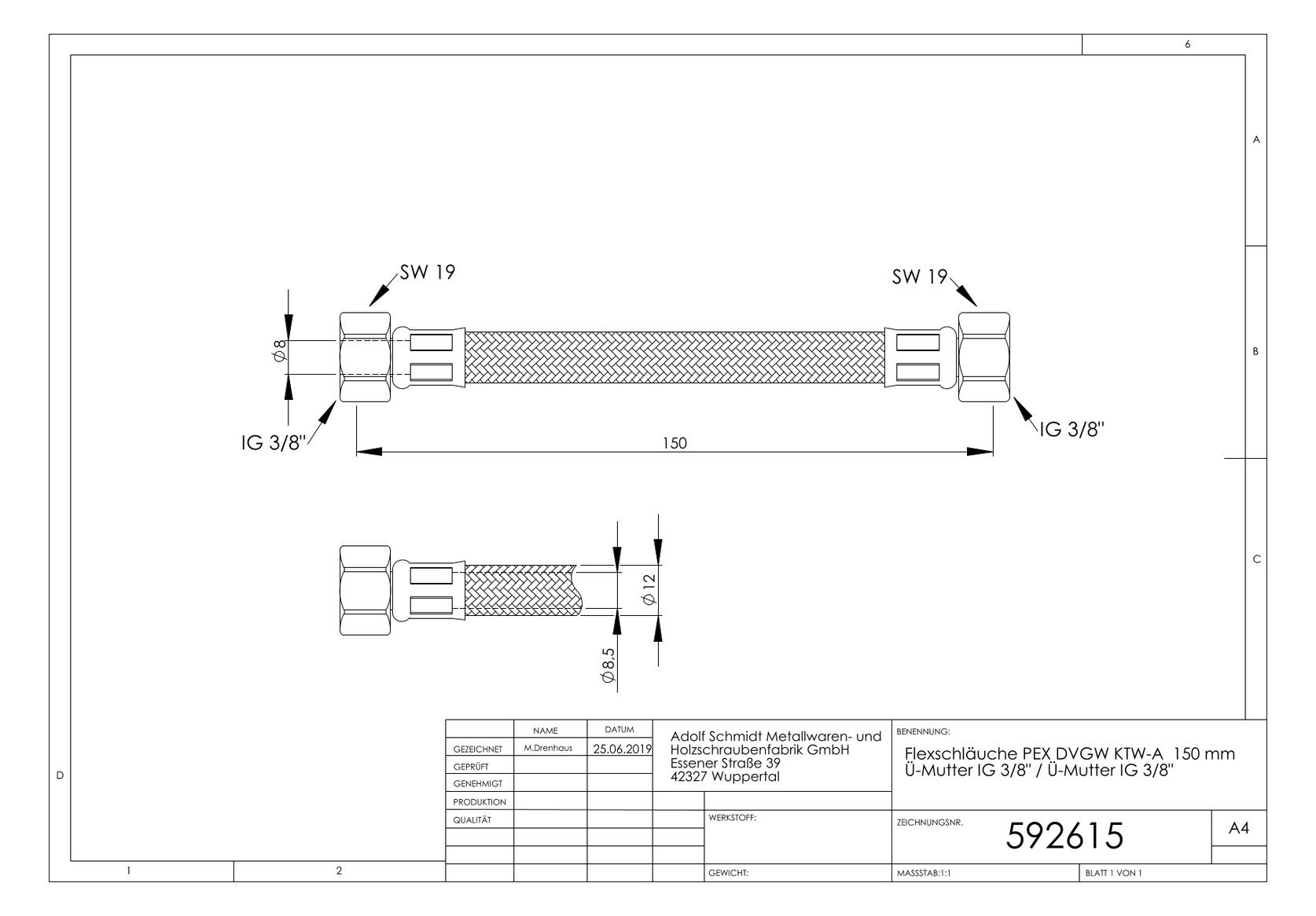 ASW Flex-Trinkwasserschlauch 3/8" x 3/8", 150 mm, Überwurfmutter IG