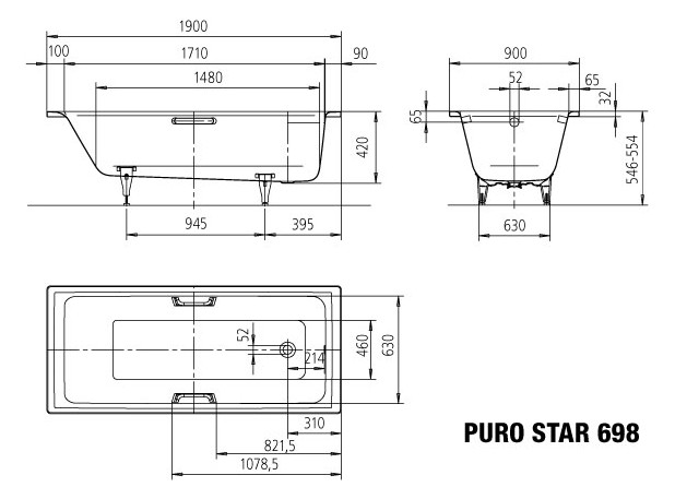 Kaldewei Badewanne PURO STAR 698 190x90cm, Standard, manhattan