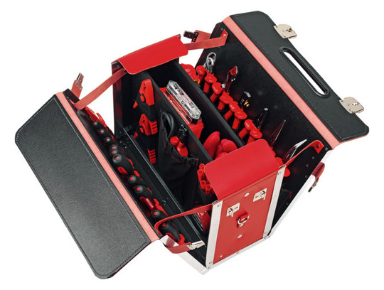 Werkzeugtasche leer Leder/Metall 210x340x460mm Signalrot