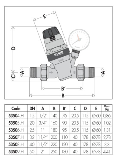 Caleffi Druckminderer 1 1/2" mit Manometer 0-10 bar, max. 80 GradC, 1-6 bar