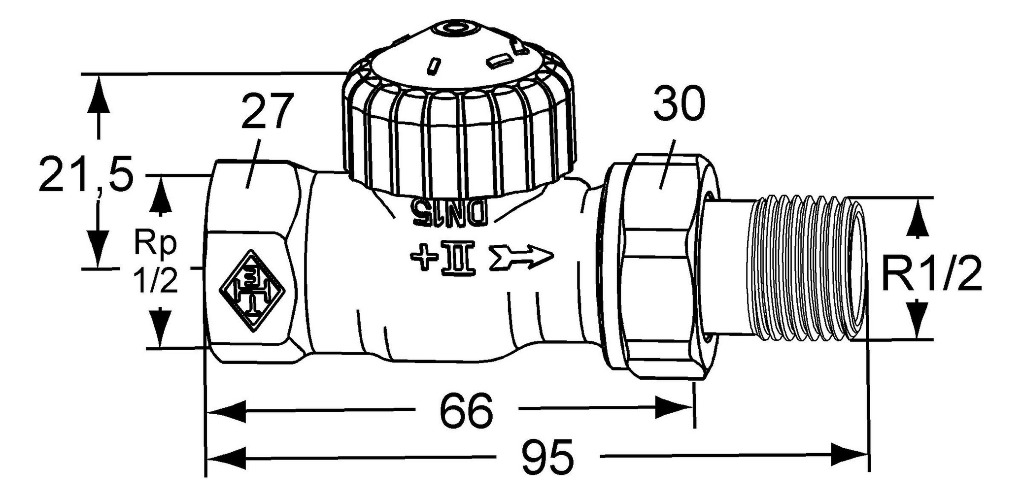 Heimeier Thermostat-Ventilunterteil V-exact II DN 15, Rp 1/2 x R 1/2, Durchgang