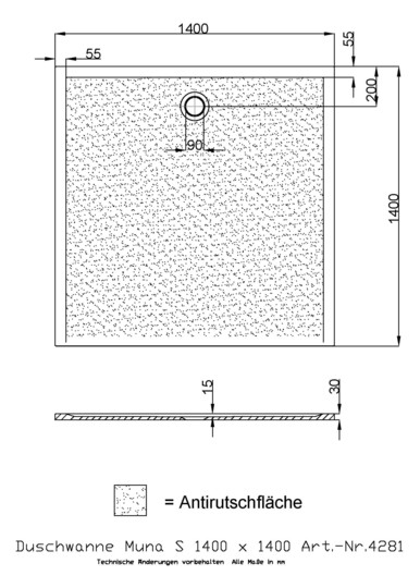Hoesch Mineralguss-Duschwanne Muna 140 x 140 x 3 cm, weiß, Solique, Antirutsch