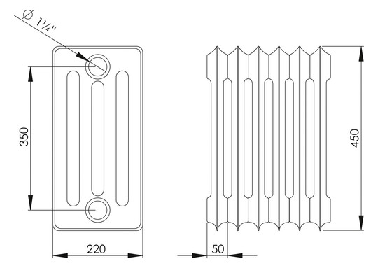 HG-TEC DIN-Stahlradiator RAL 9010 gep. 31 Glieder BH 450 NA 350 BL 1550 BT 220