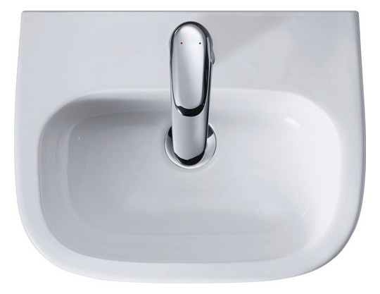 Duravit Handwaschbecken D-Code 45x34cm, mit Hahnloch, Überlauf, Hahnlochbank, weiß