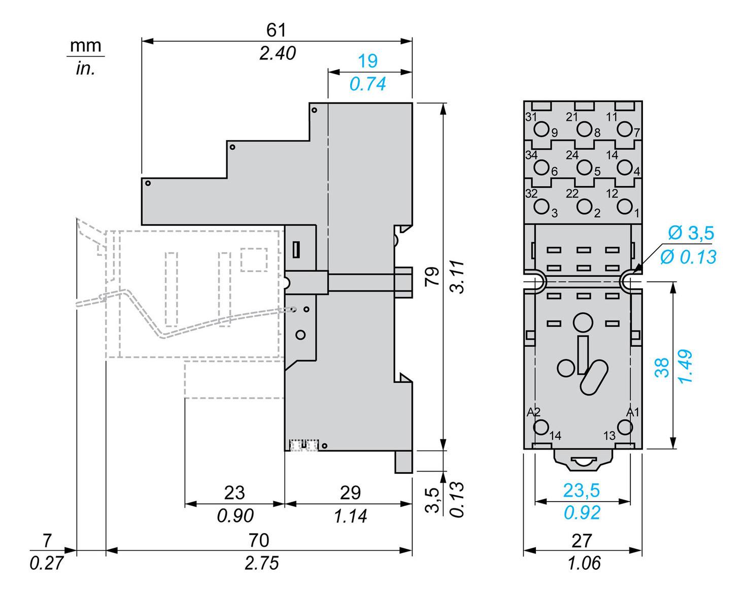 Relaissockel Steckanschl TS35 11Pins Hutschiene TH35