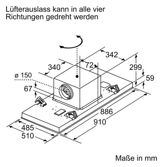 Deckendunstabzug 888mm ws A 56dB Ø150mm 450cbm/h LED 3st Abl/Uml T510mm