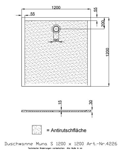 Hoesch Mineralguss-Duschwanne Muna 120 x 120 x 3 cm, weiß, Solique, Antirutsch