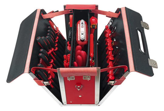 Werkzeugtasche leer Leder/Metall 210x340x460mm Signalrot