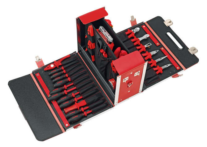 Werkzeugtasche leer Leder/Metall 210x340x460mm Signalrot