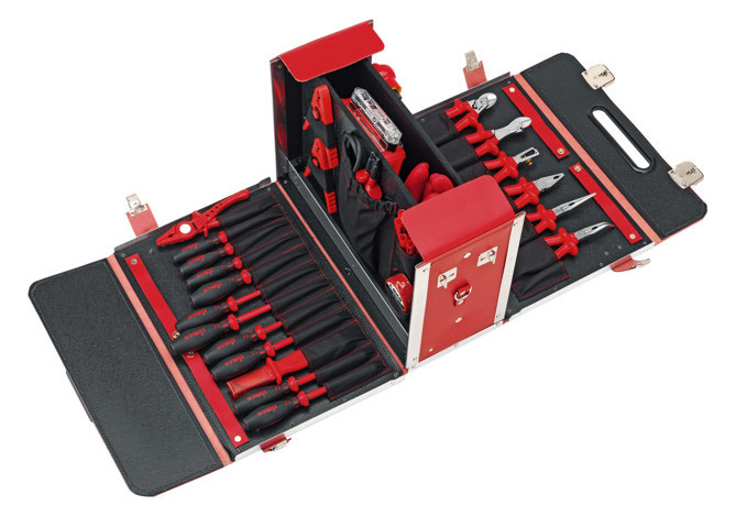 Werkzeugtasche leer Leder/Metall 210x340x460mm Signalrot
