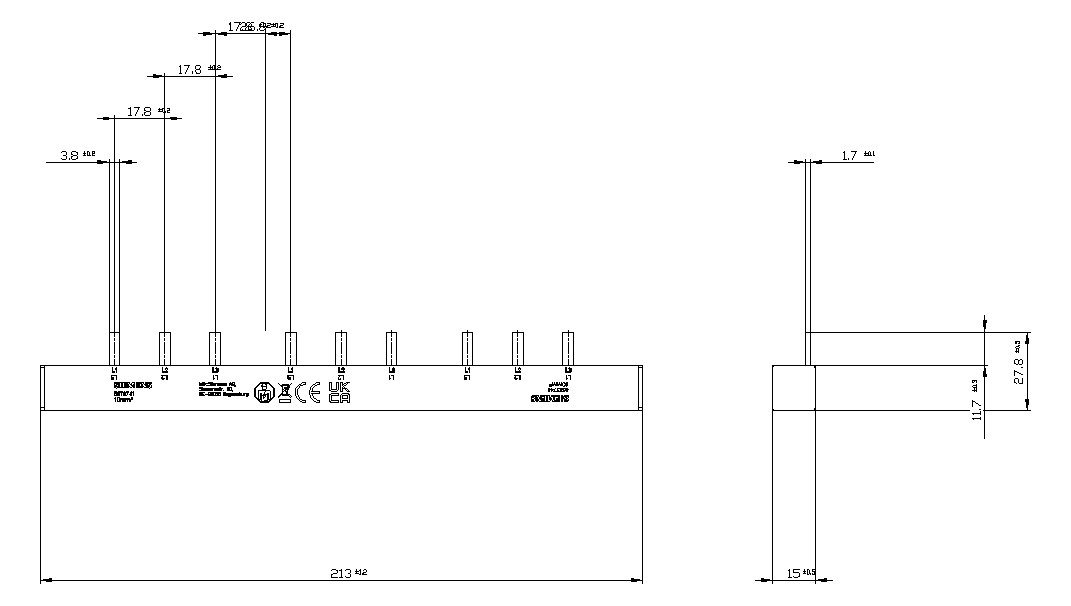 Phasenschiene 3ph 18mm 214mm 10qmm 50A Stift Isoliert