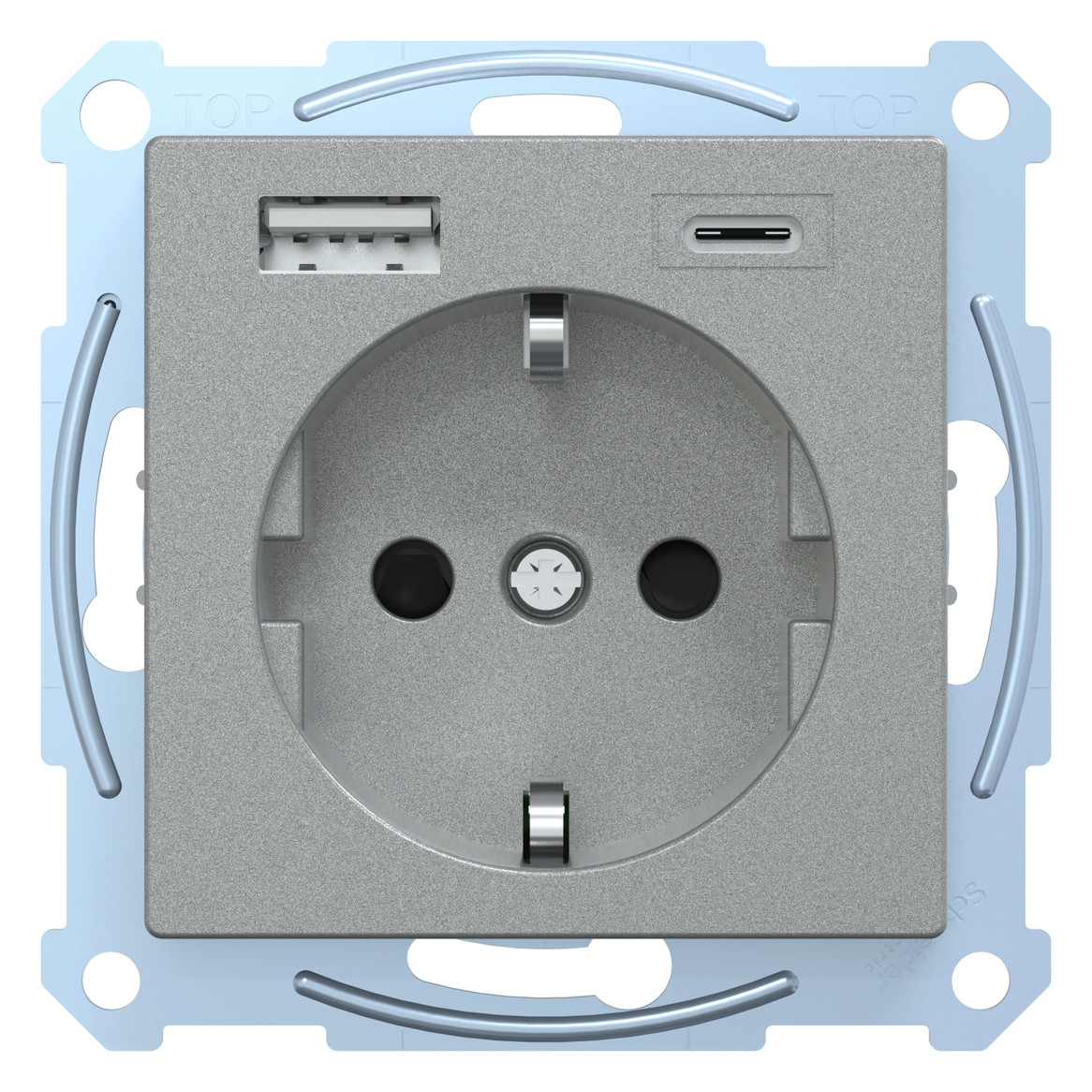 Steckdose 1f alu mt 1USB-A 1USB-C UP m.BS Mit erhöhtem Berührungsschutz IP20