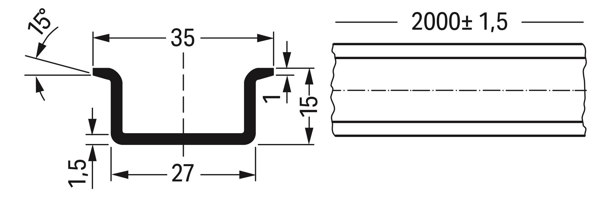Tragschiene ST g/vz Serie 210 L2000mm Hut_35/15mm