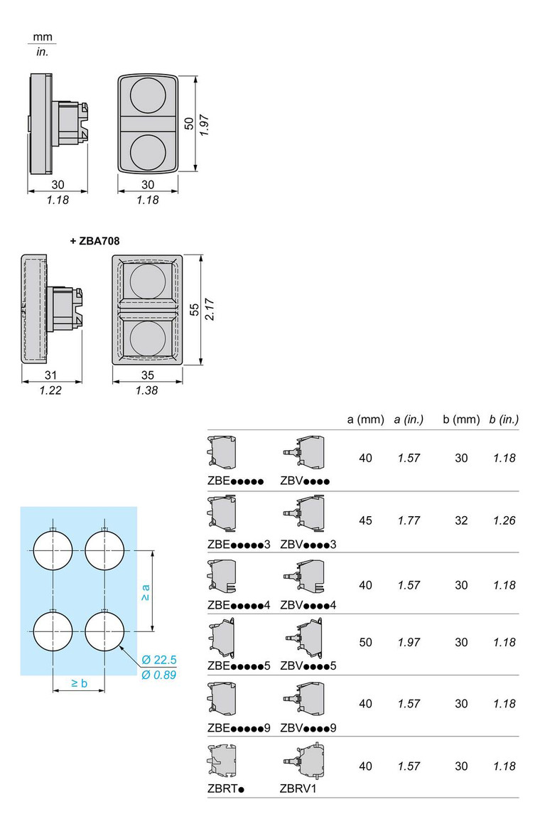 Drucktaster Front 3f sw/ws bel.b Ø22,5mm Geeignet für Beleuchtung rechteck IP66
