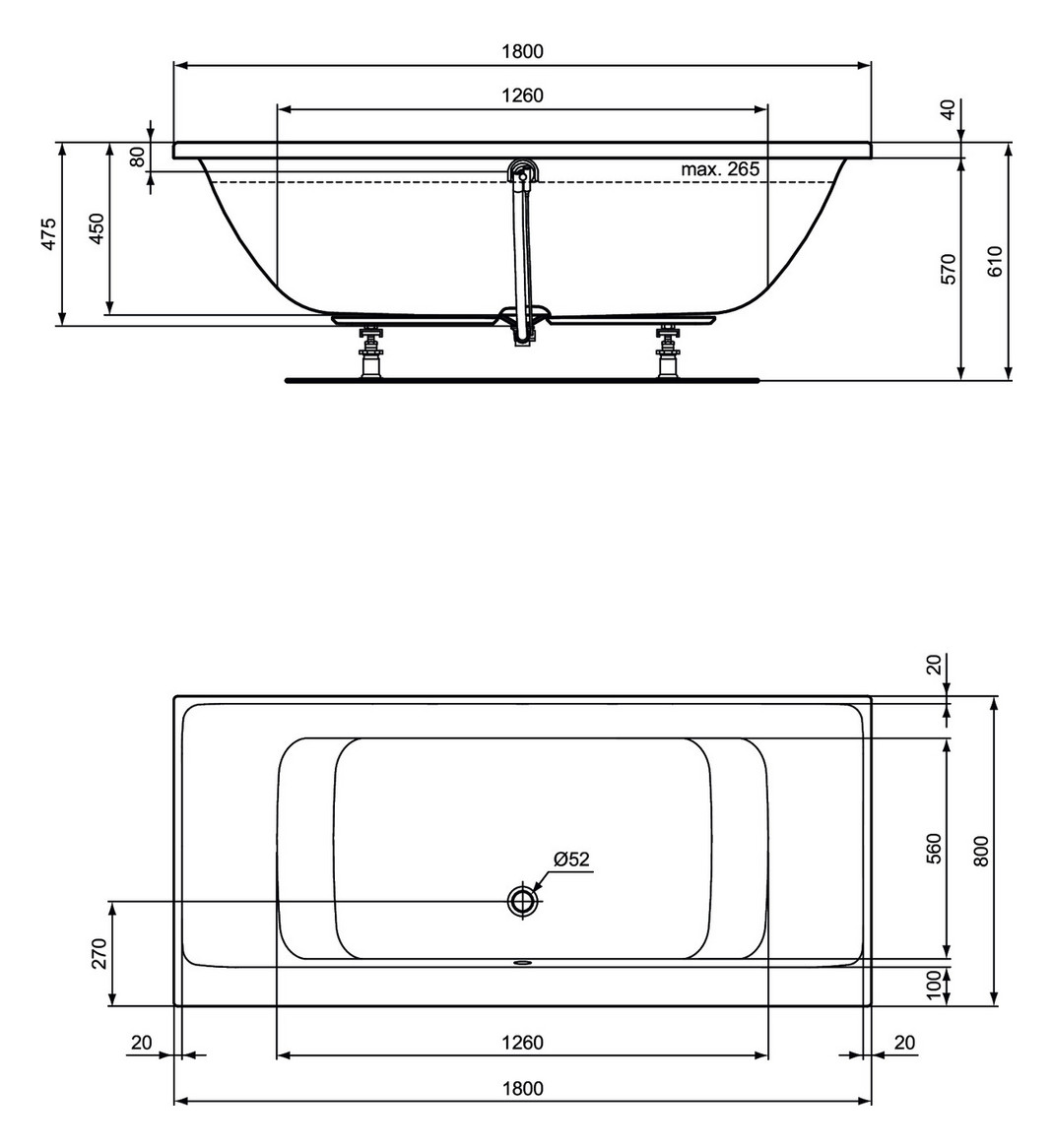 Ideal-Standard Duo-Badewanne Connect Air 180 x 80 x 47,5 cm, weiß