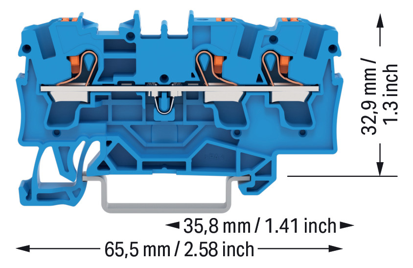 Reihenklemme 0,5-6qmm 1Etage 3kl bl 32A TS35 Hutschiene TH35