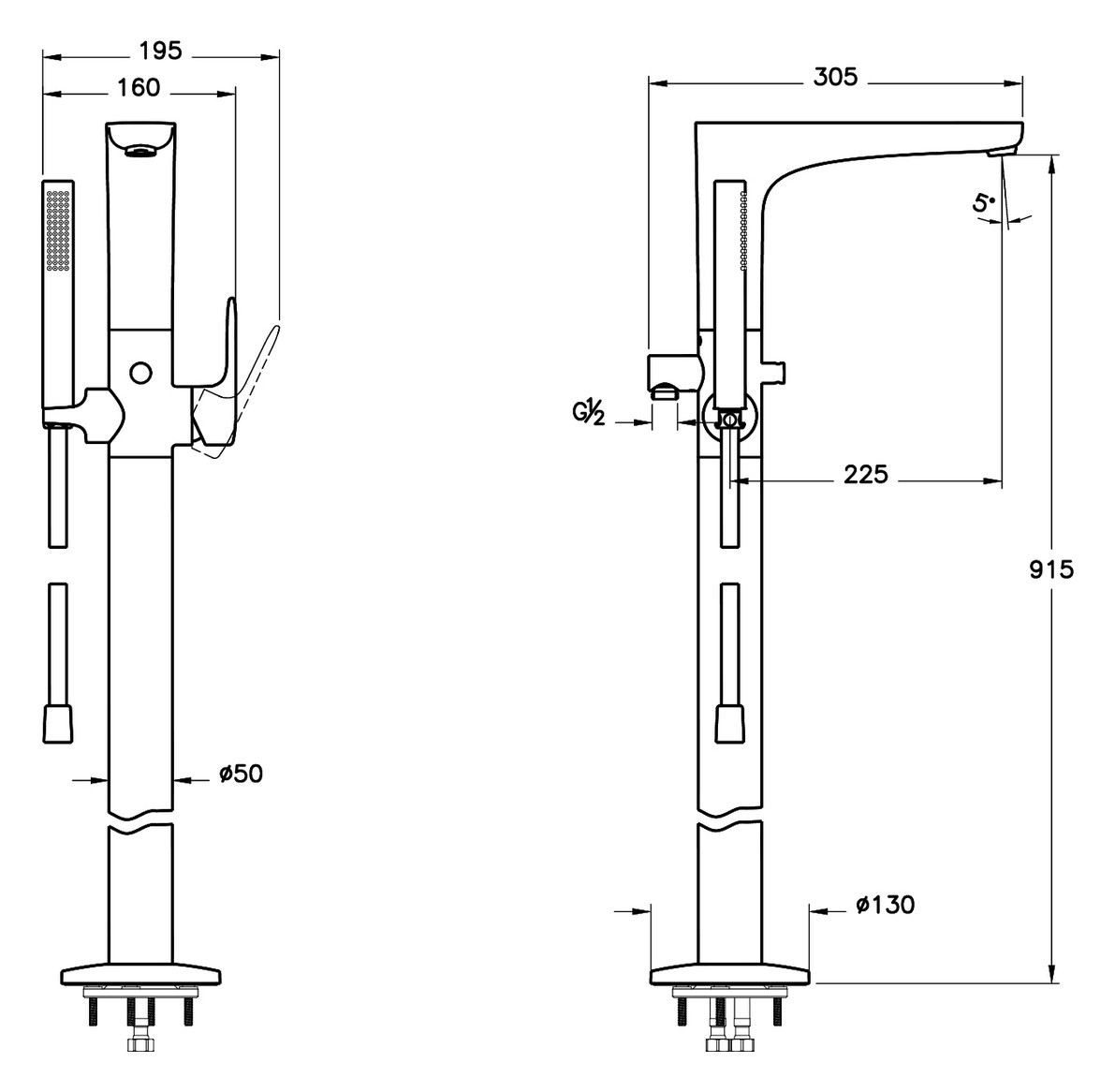 VitrA Bad Wannenfüll-/Brause-Einhebelmischer Root Round Höhe Auslauf 915mm, mit Brausegarnitur, Bodenmontage, Gold
