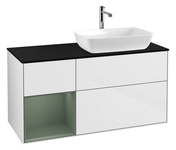 V&B Waschtisch-Unterschrank Finion 120cm, Abdeckplatte black matt, Regal Olive matt lacquer, Glossy white lacquer