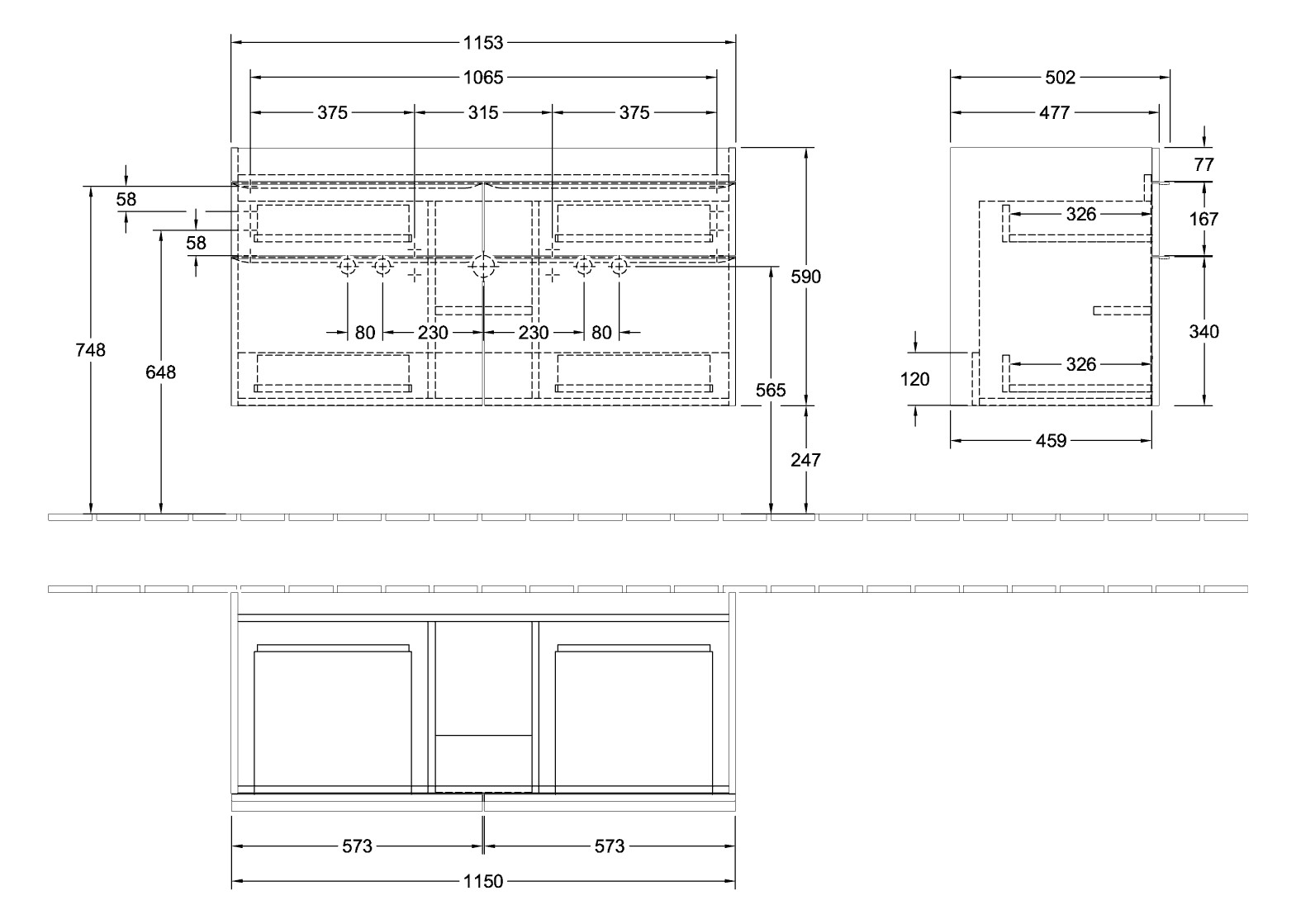 V&B Waschtisch-Unterschrank Venticello 115,3x59x50,2cm, Griff White, stone oak