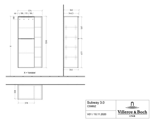 V&B Mittelschrank Subway 3.0 57,4x120x36,2cm, Schanier links/Griff Aluminium glänzend, volcano black