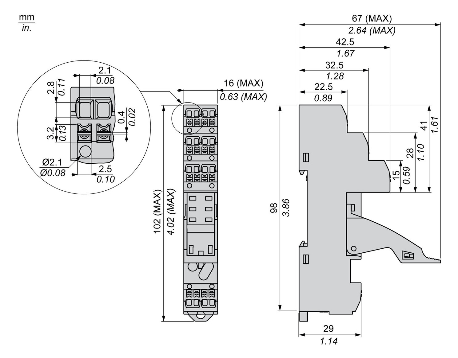 Relaissockel Federzug TS35 8Pins abn.Klemm Hutschiene TH35 16x67x98mm