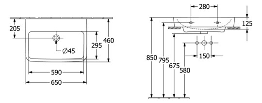 V&B Einbau-/Aufsatz-Waschtisch O.Novo 65x46cm, eckig, ohne Überlauf, weiß AntiBac C-Plus