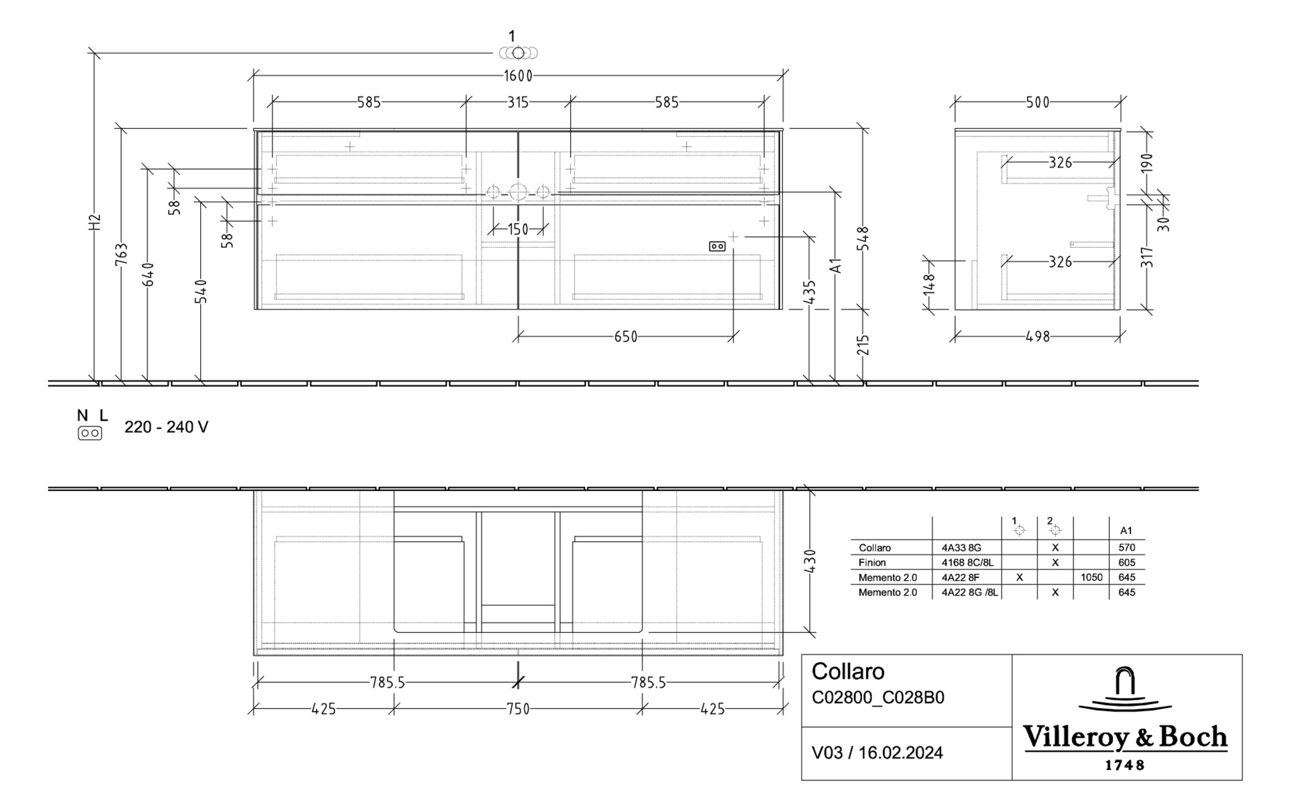 V&B Waschtischunterschrank Collaro 160x54,8x50cm, Waschtisch mittig, LED-Beleuchtung 12W, stone oak