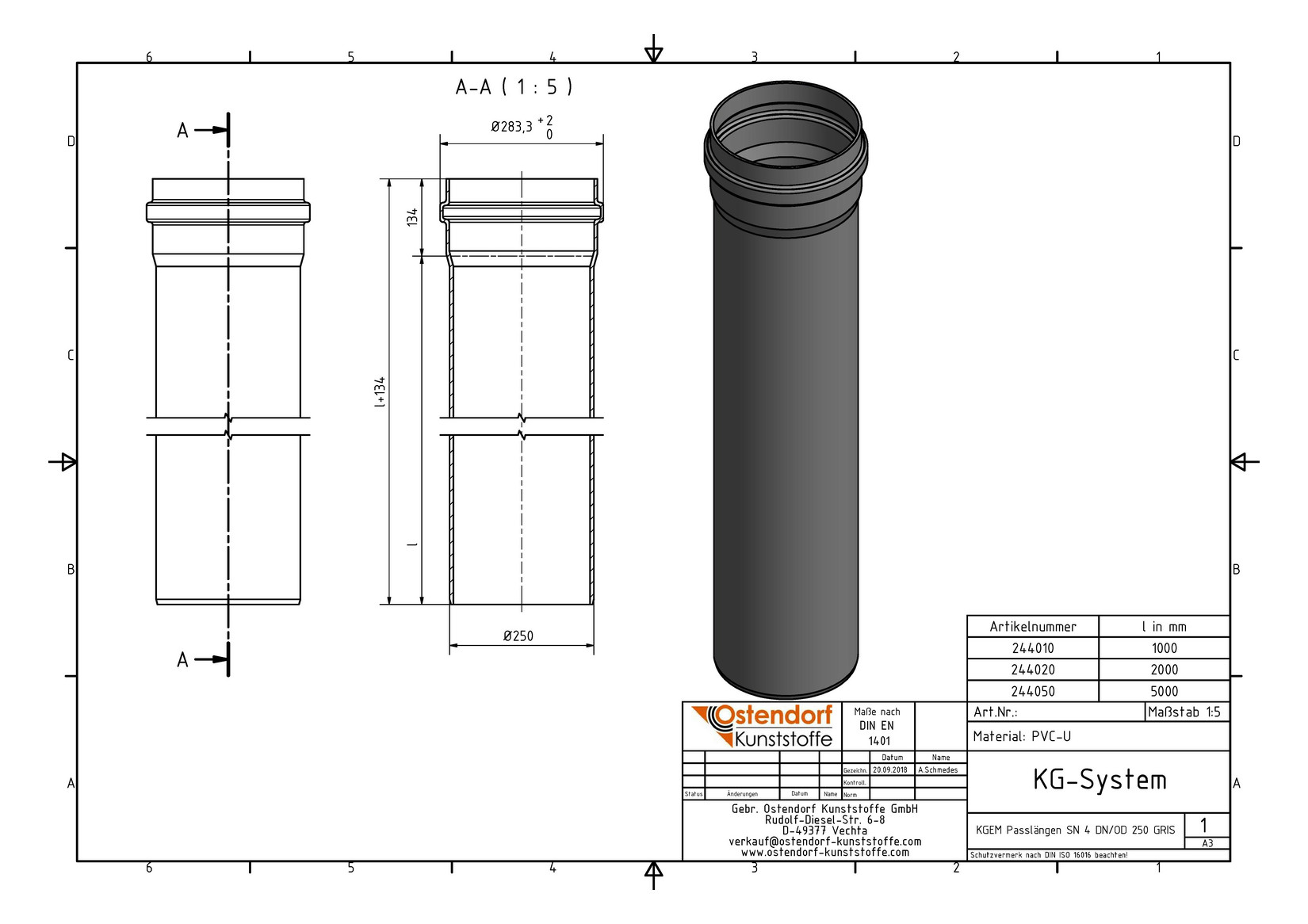Ostendorf KG Rohr SN 4 EM DN/OD 250 x 6,2 mm, 5000 mm, mit Steckmuffe/Lippendichtung