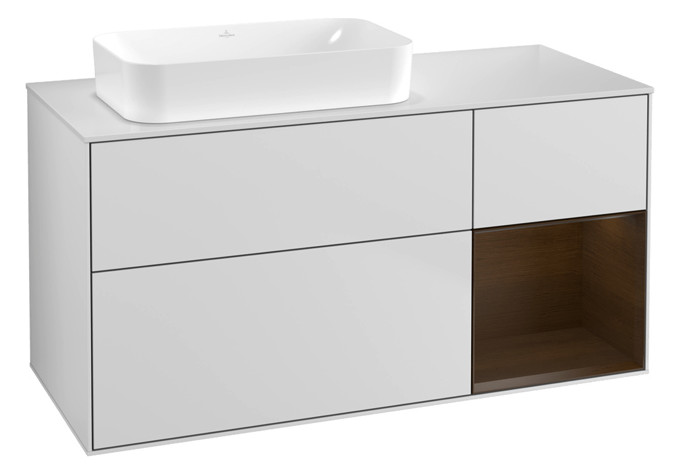 V&B Waschtisch-Unterschrank Finion 120x60,3x50,1cm, Regal rechts Walnut veneer, White matt lacquer