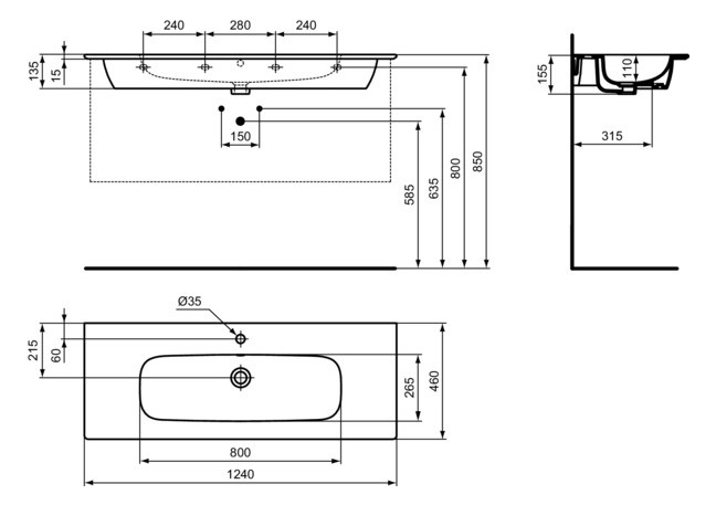 Ideal-Standard Möbelwaschtisch-Paket i.life A 124x46x64,5cm, 1 Hahnloch, Griff Chrom gebürstet, coffee oak