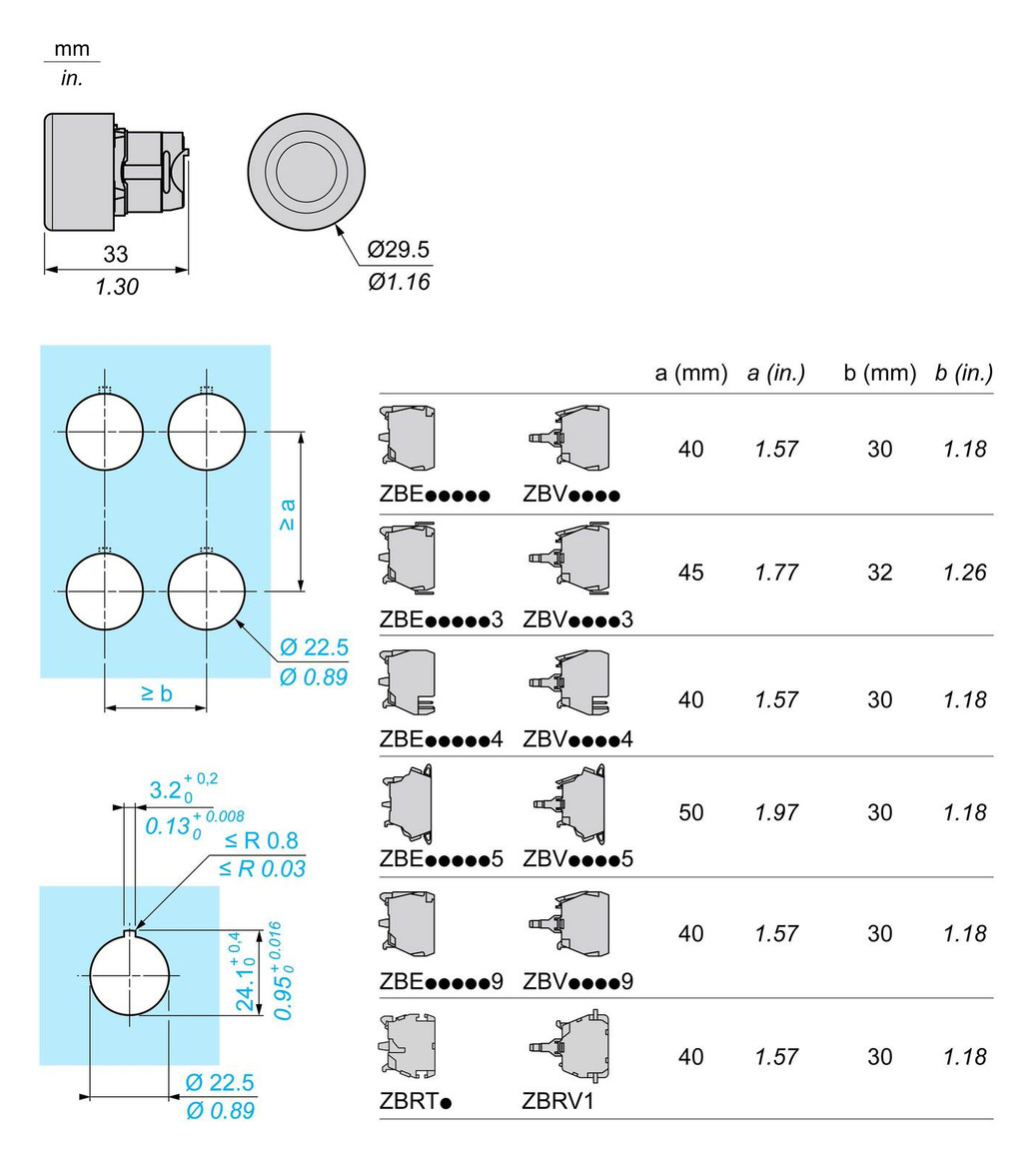 Drucktaster Front 1f bl Ø22,5mm rnd IP66 Tastend