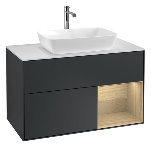 V&B Waschtisch-Unterschrank Wandbeleuchtung Finion 100cm, Abdeckplatte white matt, Regal Oak Veneer, Midnight Blue Matt Lacquer