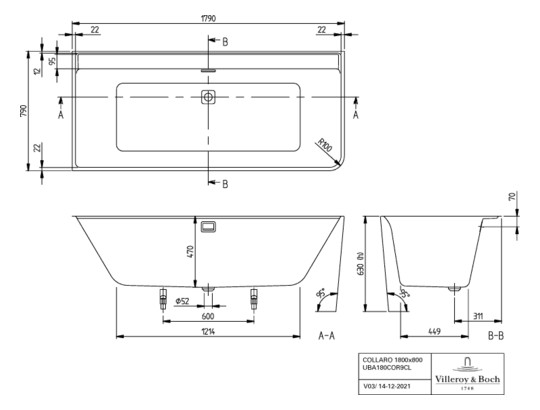 V&B Rechteck-Badewanne VP Collaro 179x79x47cm, Vorwand, Acryl, links, weiß
