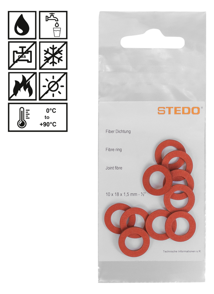 STEDO Fiber-Dichtungset 10 Stück 3/4", 26,5 x 32 x 1,5 mm, für Hahnoberteile, rot