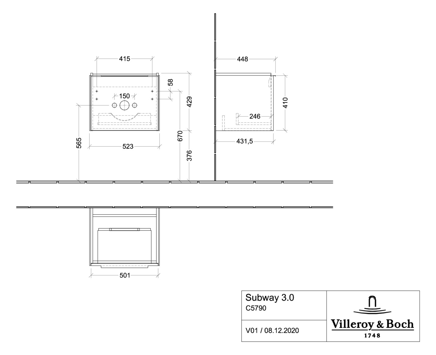 V&B Waschtisch-Unterschrank Subway 3.0 52,3x42,9x44,8cm, ohne LED/Griff Aluminium glänzend, cashmere grey