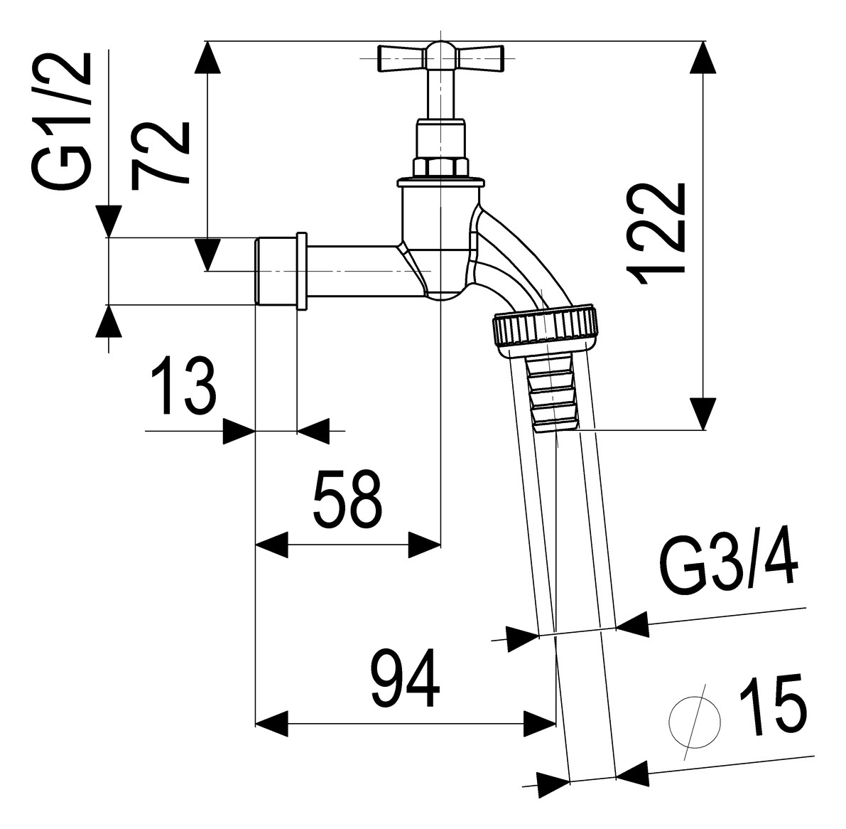 Schlösser Auslaufventil 1730 DN 20, 3/4", mit Schlauchverschraubung, Knebeloberteil, matt verchromt