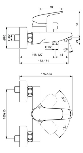 Ideal-Standard Wannen-Einhebelmischer CeraFlex AP, Ausladung 162mm, chrom