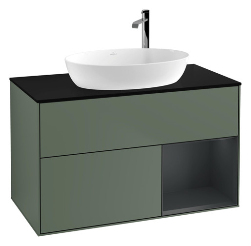 V&B Waschtisch-Unterschrank Wandbeleuchtung Finion 100cm, Abdeckplatte black matt, Regal Midnight matt lacquer, Olive Matt Lacquer