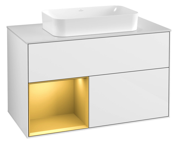 V&B Waschtisch-Unterschrank Finion 100x60,3x50,1cm, Regal links Gold matt, Glossy white lacquer
