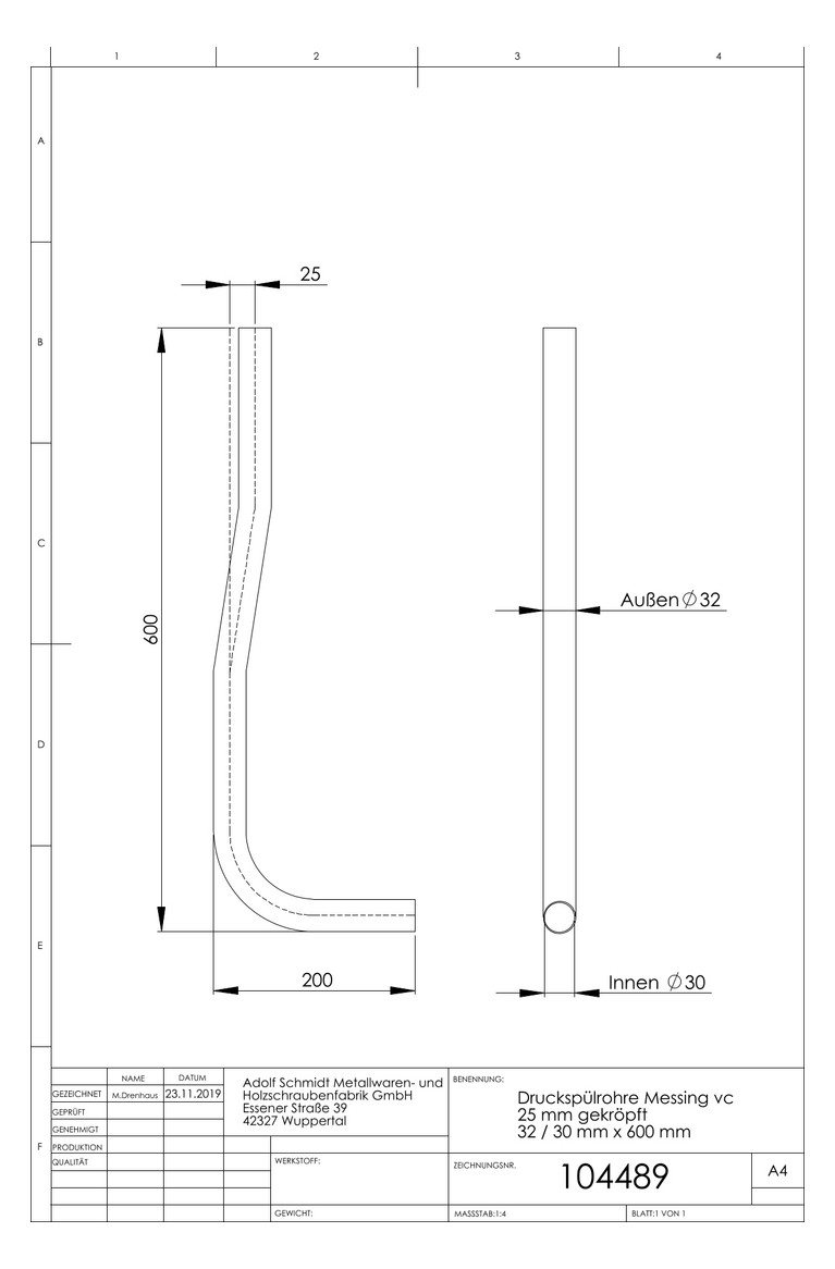 ASW Druckspülrohr 32/30x200x600mm, DN 25, Messing verchromt, 45mm gekröpft