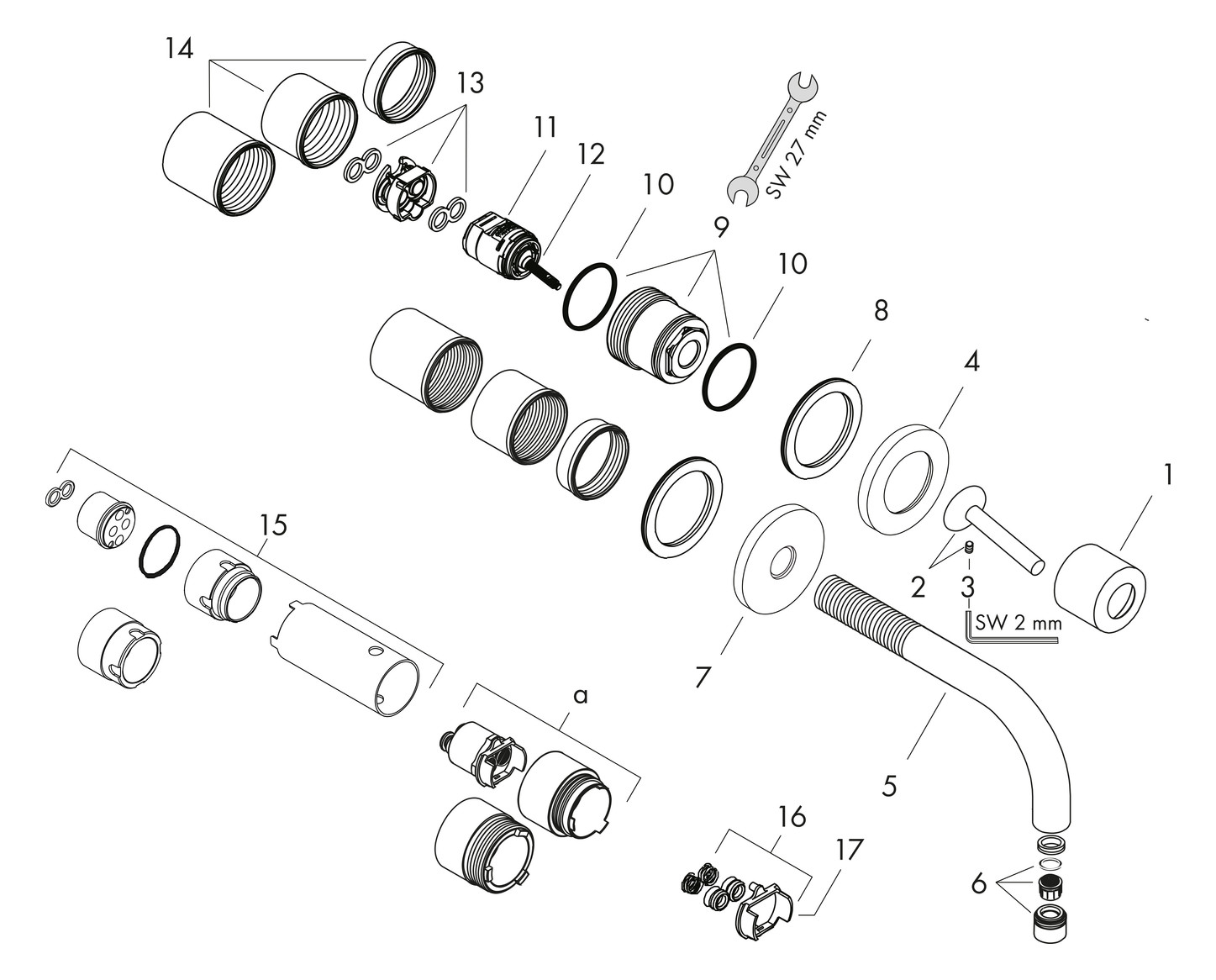 hansgrohe Fertigmontageset Axor Uno UP-Waschtisch-Einhebelmischer, Pin-Griff, Rosetten, Ausladung 165 mm, chrom