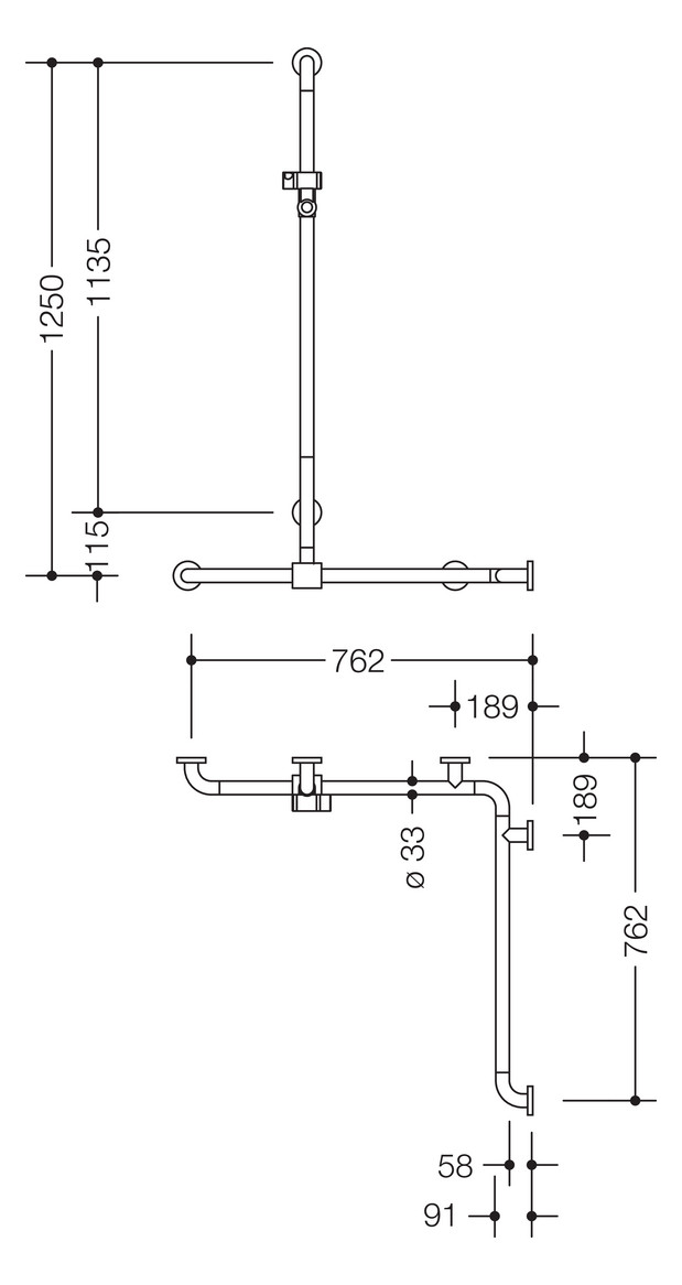 HEWI Duschhandlauf 801 2 x 762 x 1250 mm, anthrazitgrau, mit Brausehalterstange, Aluminiumkern