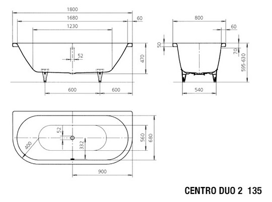 Kaldewei Badewanne CENTRO DUO 2 135 180x80cm, Griffloch, Perl-Effekt, Rutschhemmend, pergamon