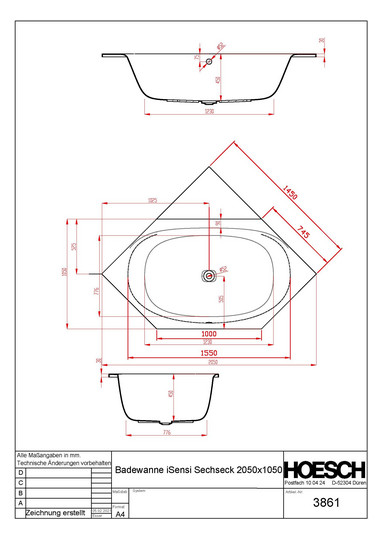 Hoesch 6-Eck-Badewanne iSENSI 205x105cm, weiß