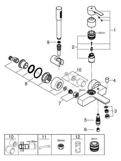 GROHE Wannen-Einhebelmischer Lineare 1/2", mit Brausegarnitur, Wandmontage, chrom