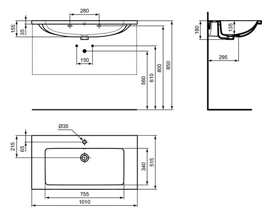 Ideal-Standard Möbel-Waschtisch i.life B 101x51,5x18cm, mit Hahnloch/Überlauf, weiß